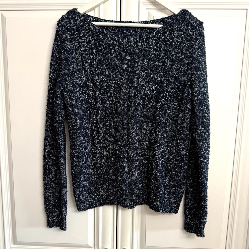 Jones New York Size Small Navy/White Marled Scoop Neck Cable Knit Sweater